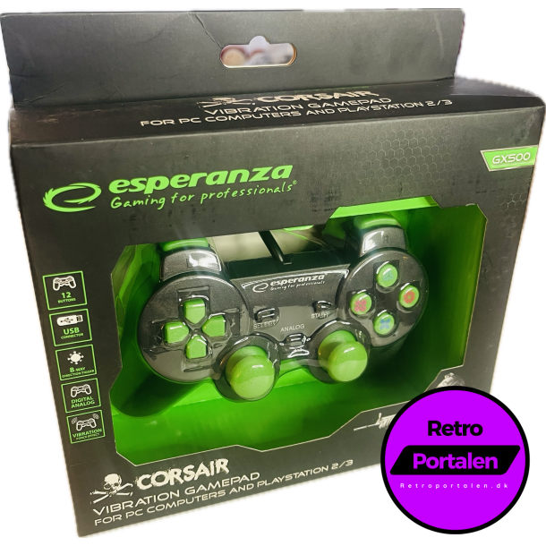 Esperanza Corsair Controller GX500 - Sort/Grn (PS2) (PS3) (PC) (NY) (5901299947098)