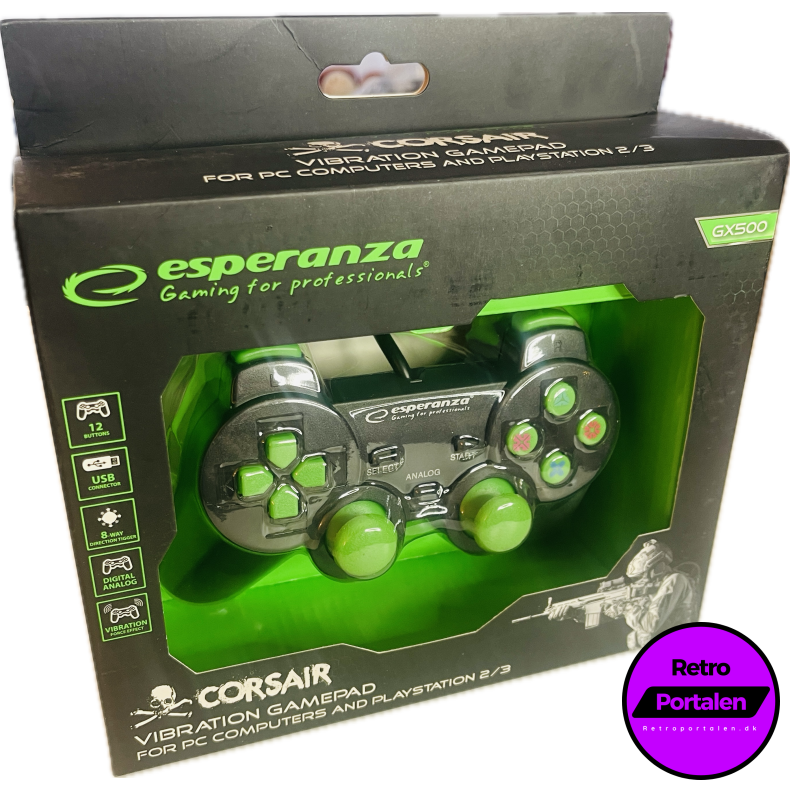 Esperanza Corsair Controller GX500 - Sort/Gr�n (PS2) (PS3) (PC) (NY) (5901299947098)