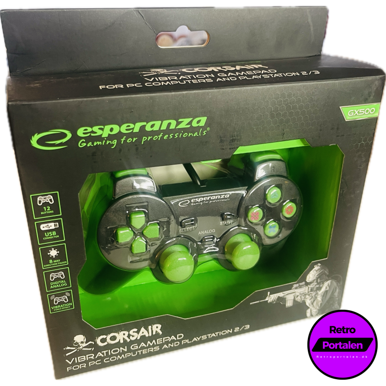 Esperanza Corsair Controller GX500 - Sort/Grn (PS2) (PS3) (PC) (NY) (5901299947098)