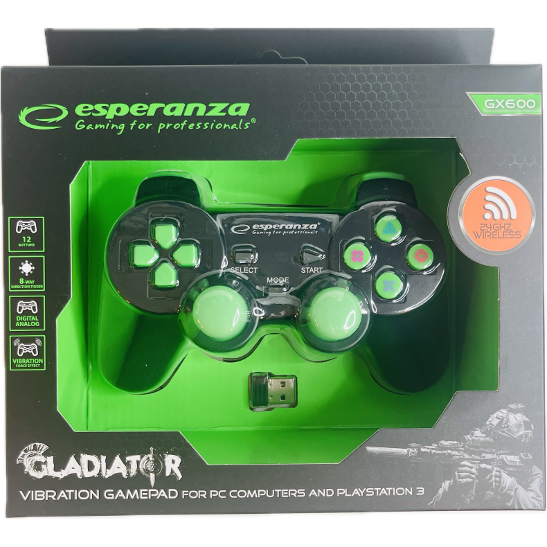 Esperanza Gladiator Controller GX600 - Sort/Gr�n (PS3) (PC) (NY) (Tr�dl�s) (5901299947258)